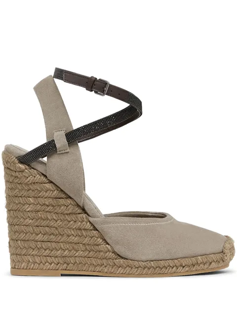 Monili-embellished suede wedge sandals