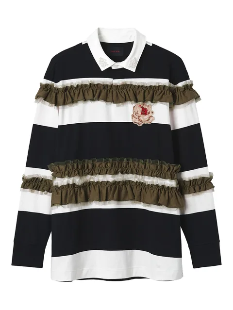 ruffle-embellished striped polo shirt