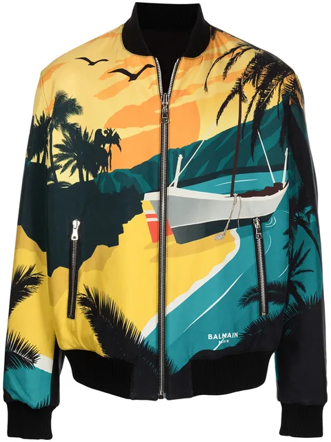 reversible tropical print bomber jacket