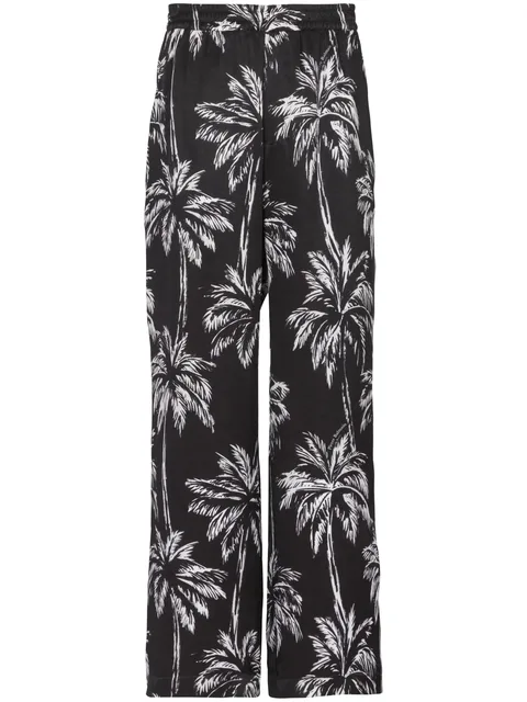 palm tree-print satin trousers