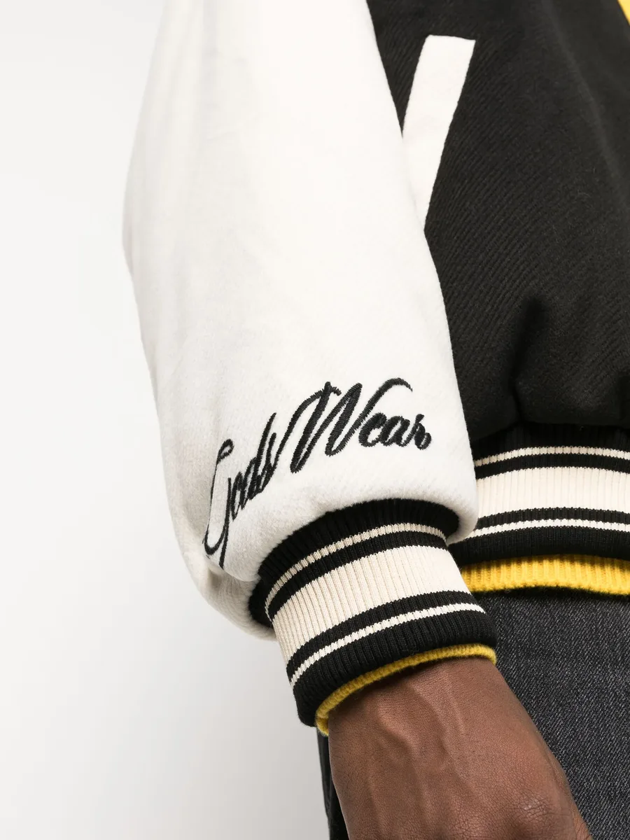 two-tone logo-patch bomber jacket 10