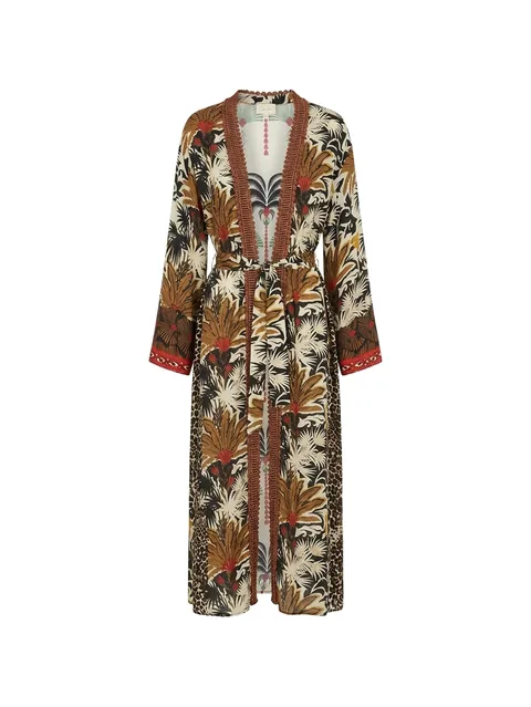 palm-print leopard-panel robe