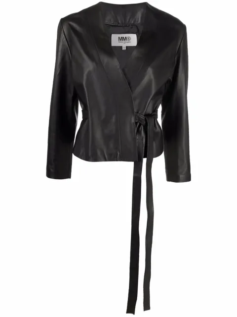 wrap-style leather jacket
