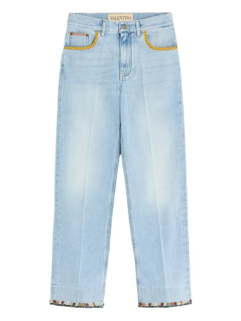 floral-hem faded jeans