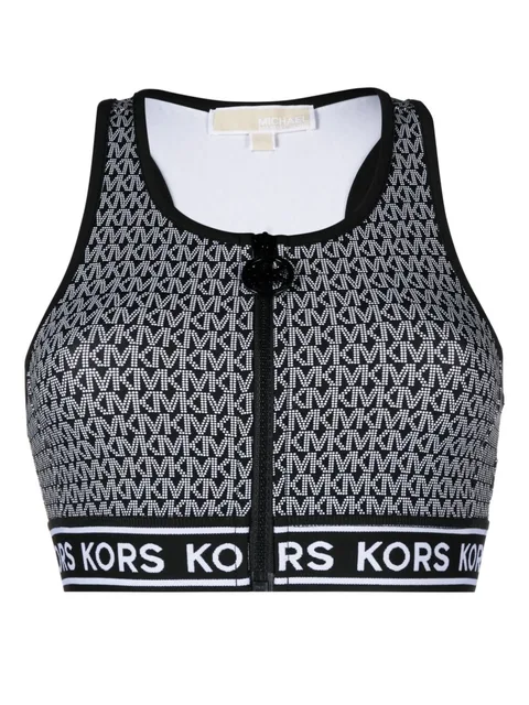 monogram-print zip-up bikini top