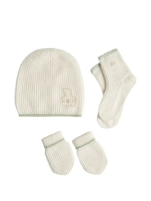 cashmere English rib-knit Baby Bernie beanie, gloves and socks set