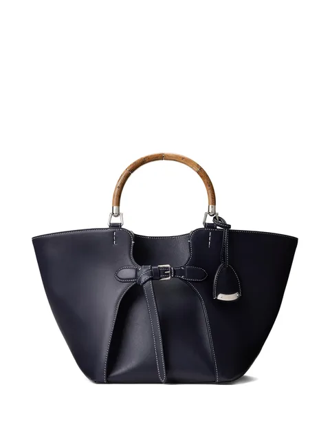 wood-handle leather tote bag
