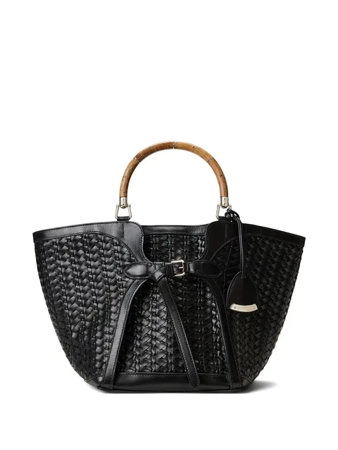 braided wooden top handle leather tote