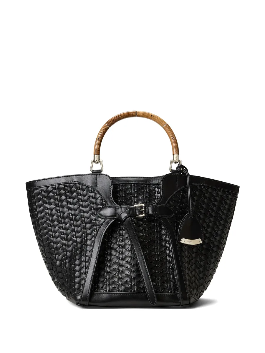 braided wooden top handle leather tote 1