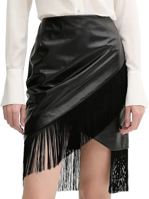 leather fringe asymmetric midi skirt