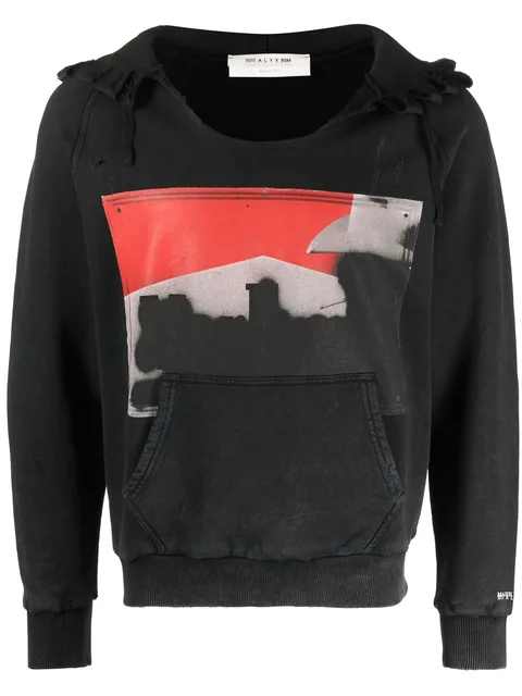 illustration-print distressed hoodie