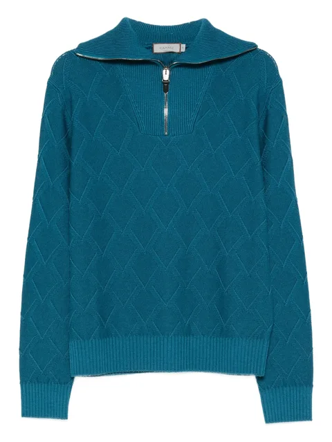 diamond-pattern zip-neck sweater
