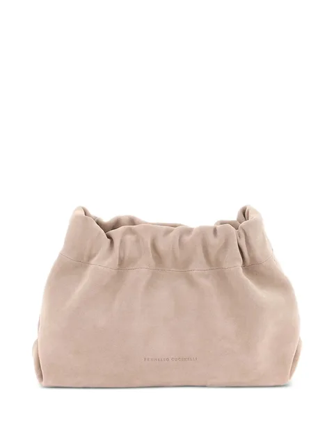 gathered suede clutch bag