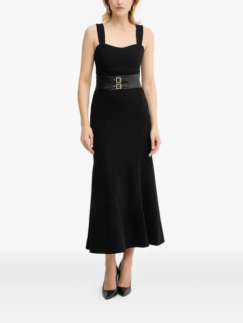 sweetheart-neck belted midi dress