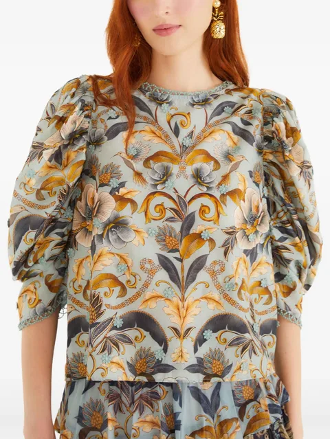 puff-sleeve floral blouse