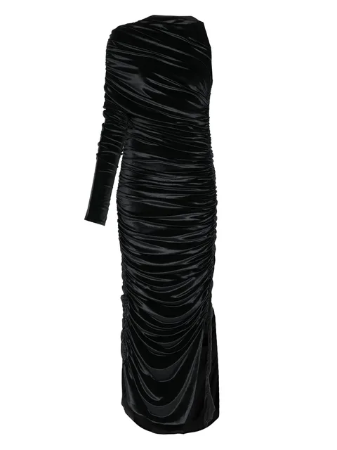 one-shoulder draped midi dress