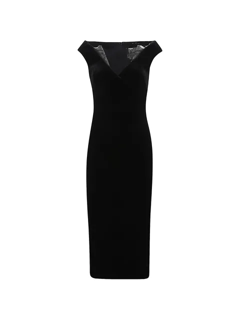 lace-trim velvet midi dress
