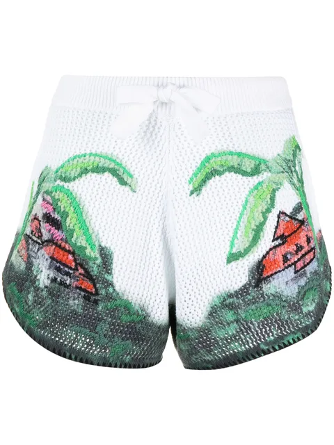 graphic-print crochet-knit shorts