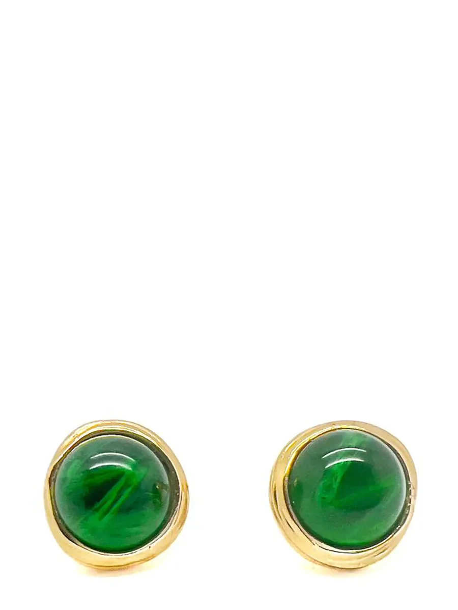 Vintage Christian Dior Flawed Emerald Glass Cabochon Earrings 1980s 2