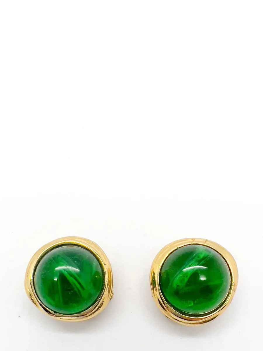 Vintage Christian Dior Flawed Emerald Glass Cabochon Earrings 1980s 6