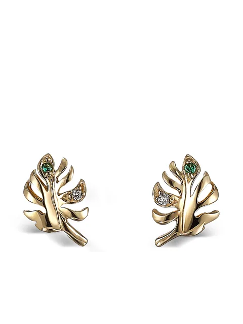 9K yellow gold Palm emerald and diamond earrings
