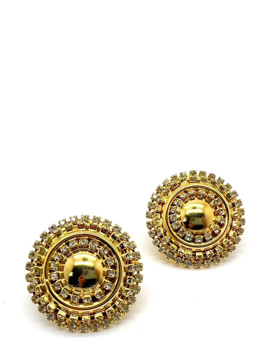 Vintage Gold &amp; Crystal Statement Bullseye Earrings 1980s 6