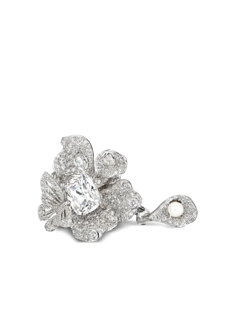 кольцо Diamond Peony Butterfly из белого золота с бриллиантами и жемчугом 2