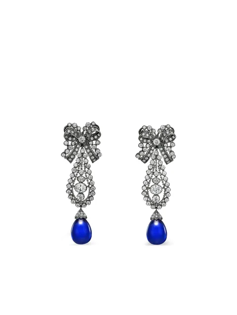 14K white gold and rhodium vermeil Dentelle Bow sapphire and diamond earrings