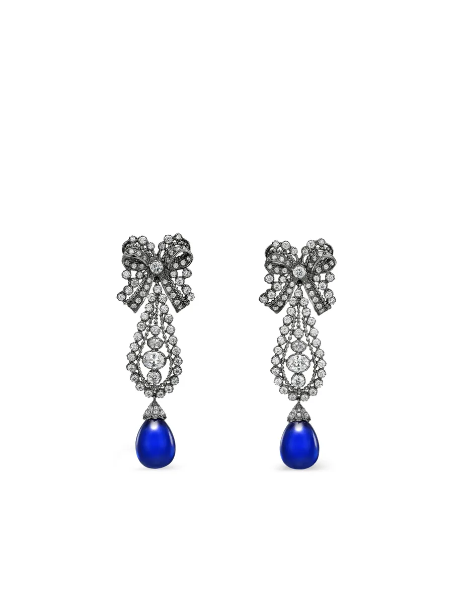 14K white gold and rhodium vermeil Dentelle Bow sapphire and diamond earrings 1