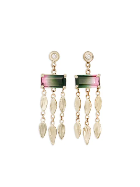 14CT yellow gold dangle tourmaline and diamond earrings