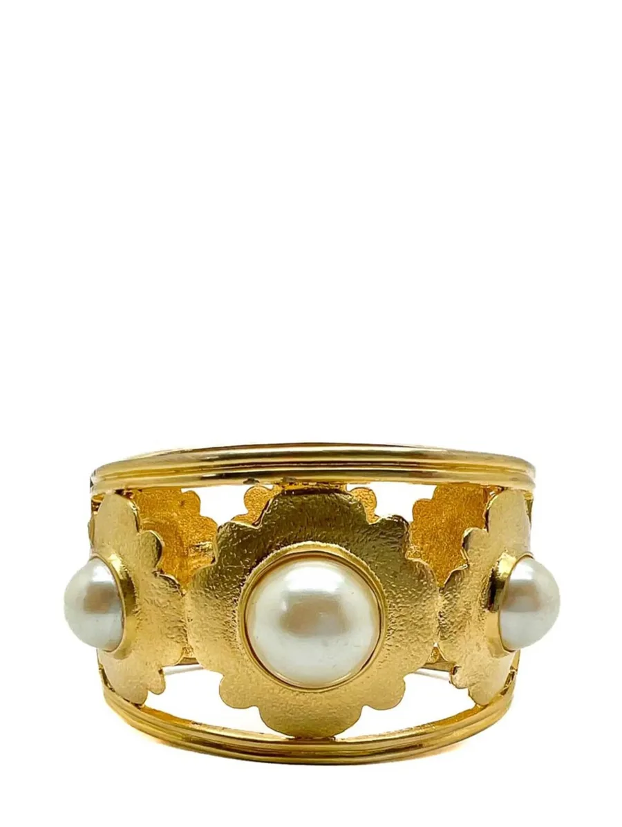 Vintage Broad Pearl Floral Motif Cuff 1980s 2