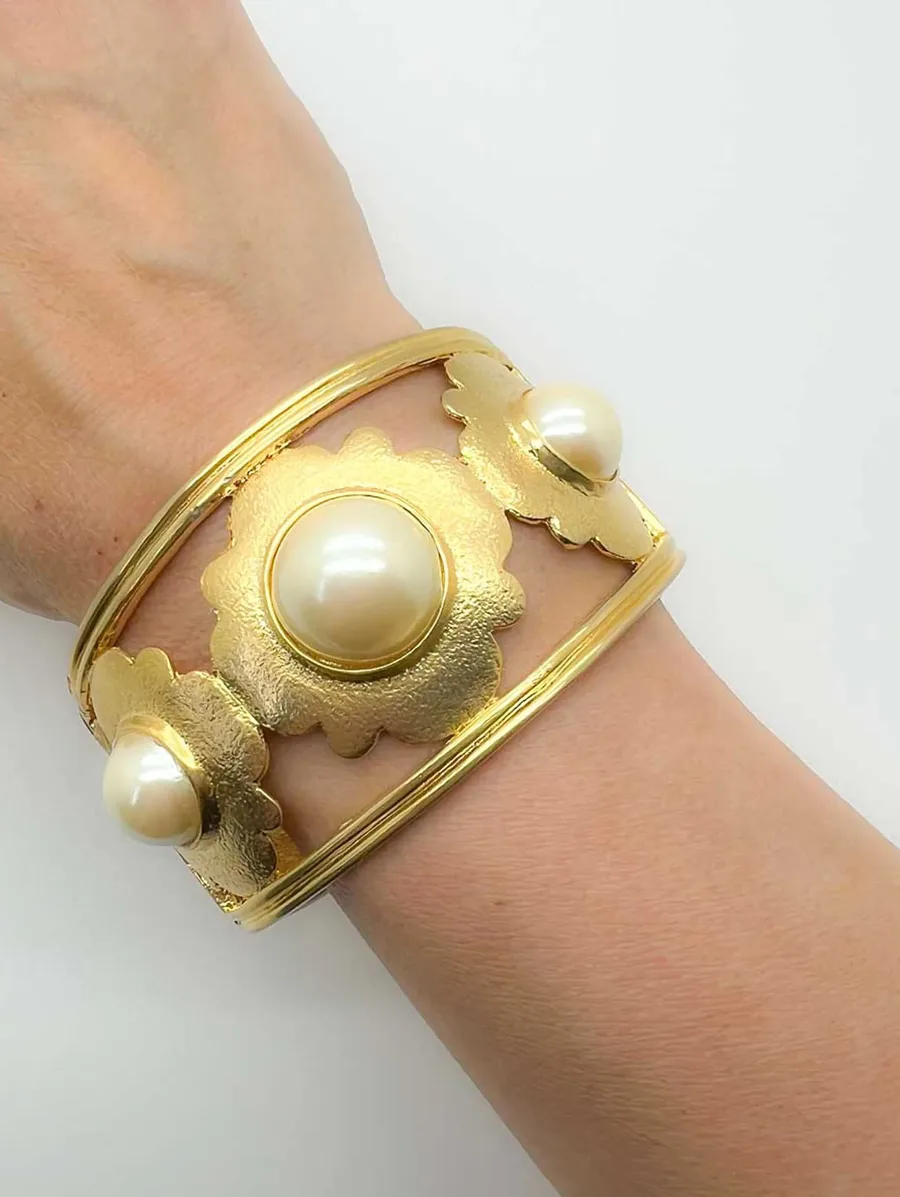 Vintage Broad Pearl Floral Motif Cuff 1980s 13