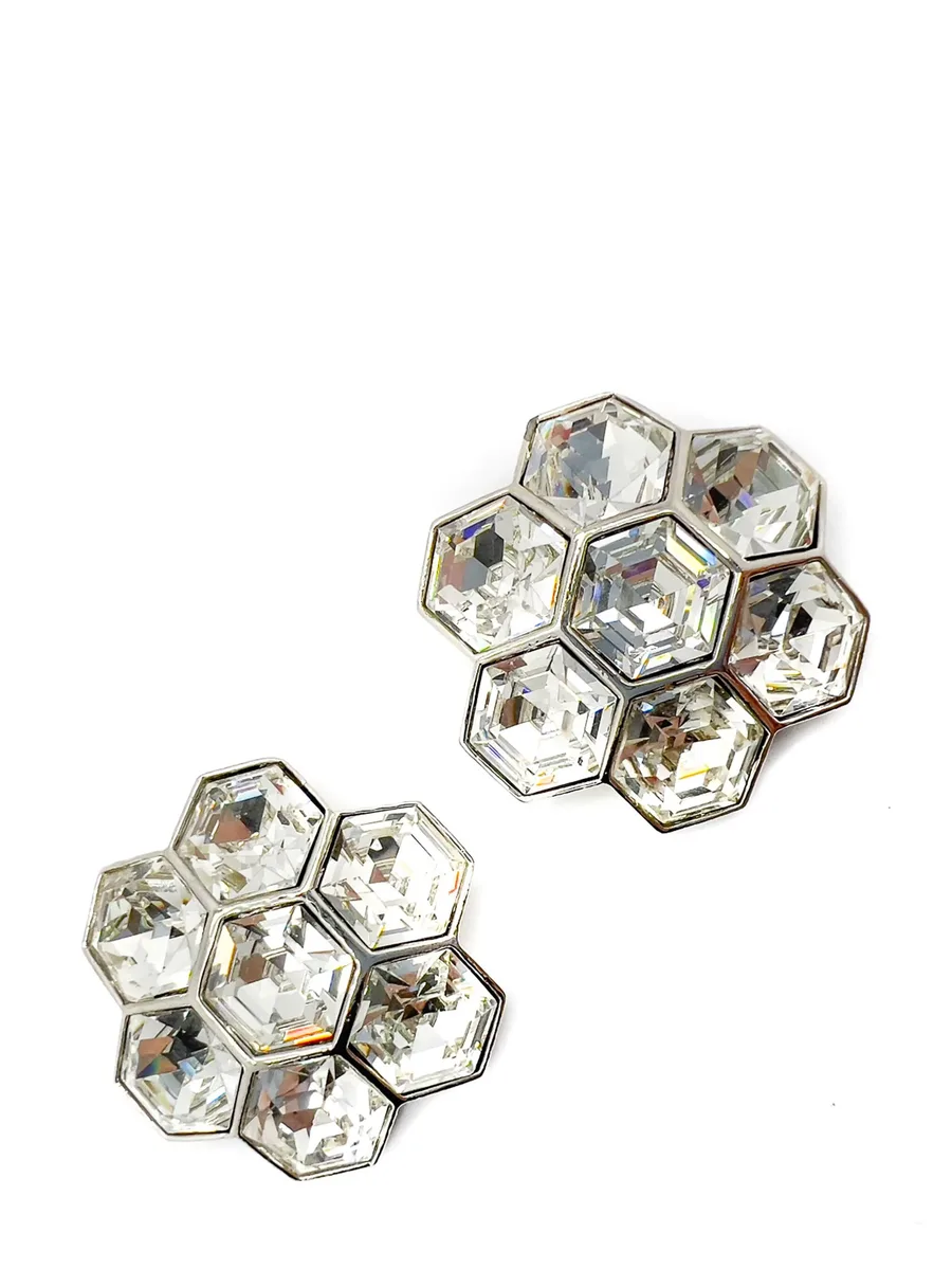 Vintage Art Deco Inspired Hexagonal Crystal Floral Earrings 1980s 6