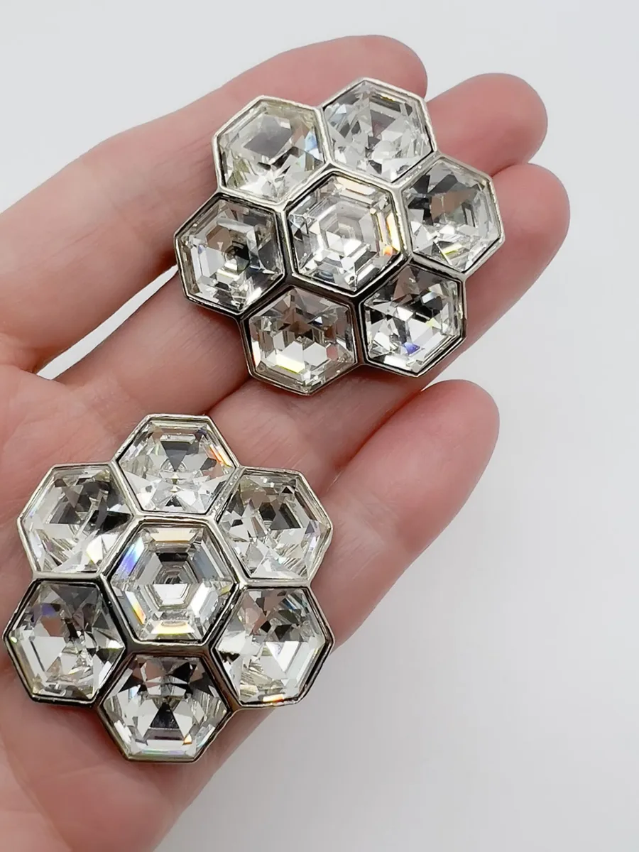 Vintage Art Deco Inspired Hexagonal Crystal Floral Earrings 1980s 9