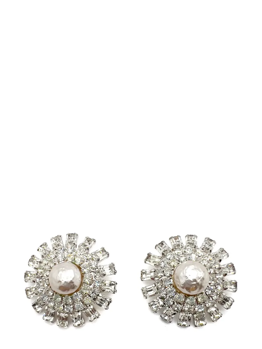 Vintage Baroque Pearl &amp; Baguette Crystal Starburst Earrings 1960s 1