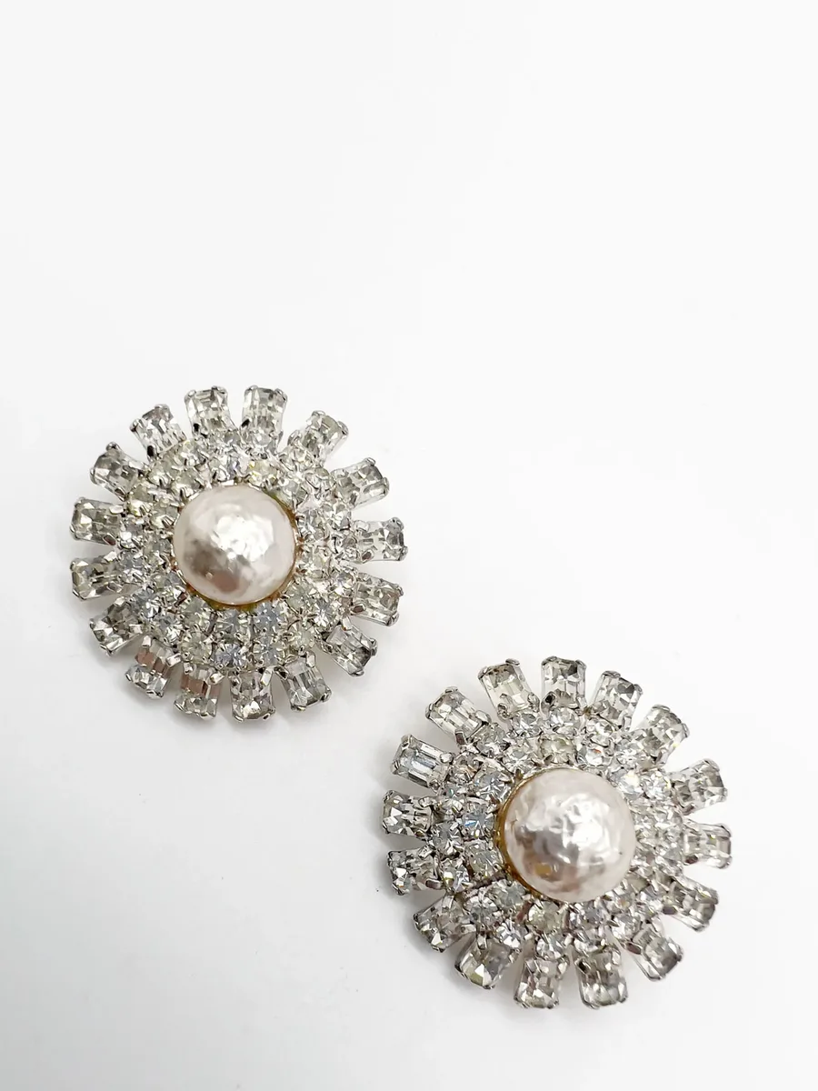 Vintage Baroque Pearl &amp; Baguette Crystal Starburst Earrings 1960s 2