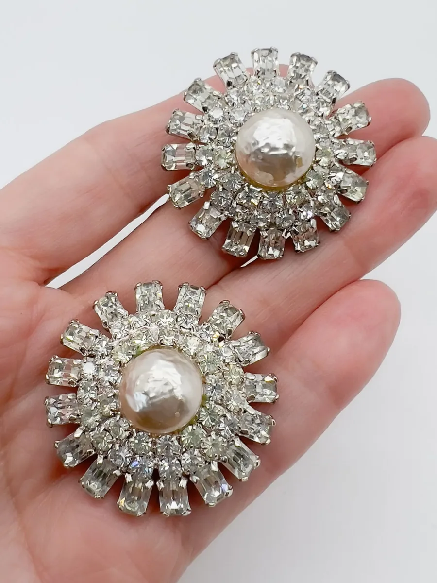 Vintage Baroque Pearl &amp; Baguette Crystal Starburst Earrings 1960s 4