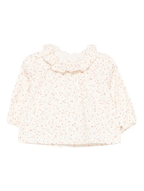 frilled-neck floral-print blouse
