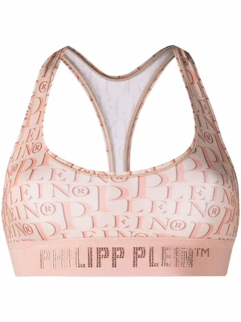 logo-print studded bra