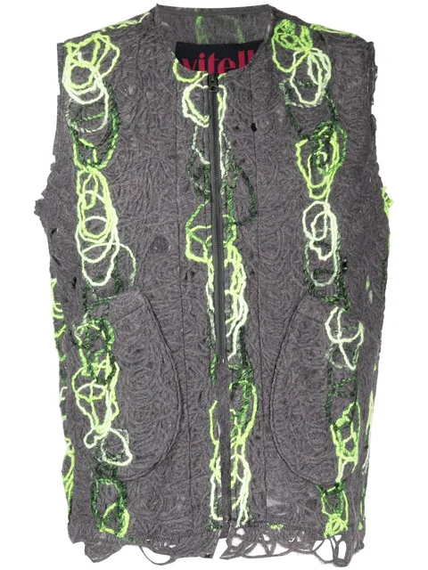 open-knit distressed zipped waistcoat