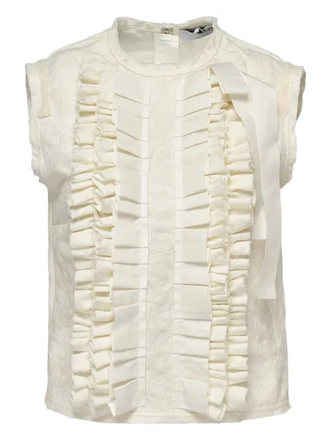 ruffled-front sleeveless blouse