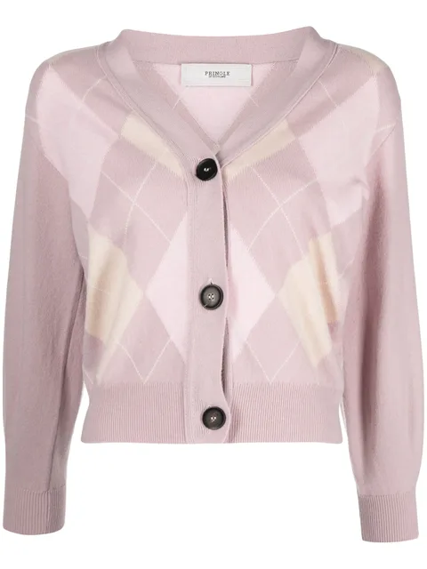 argyle-check fine-knit cardigan