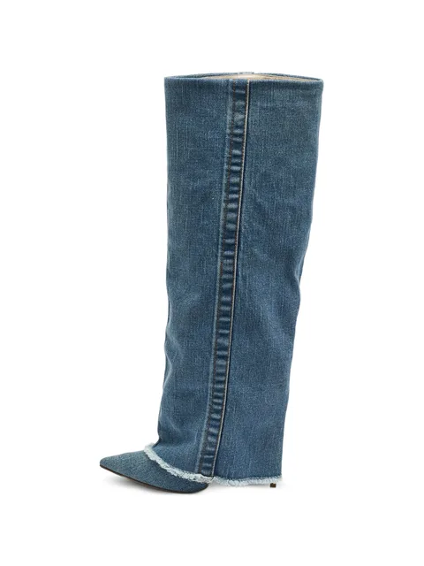 pointed-toe denim mid-calf boots