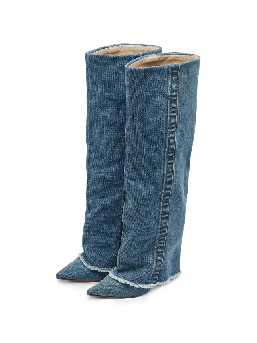 pointed-toe denim mid-calf boots 6