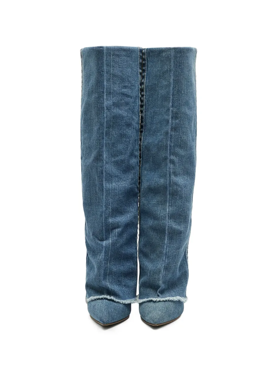 pointed-toe denim mid-calf boots 10