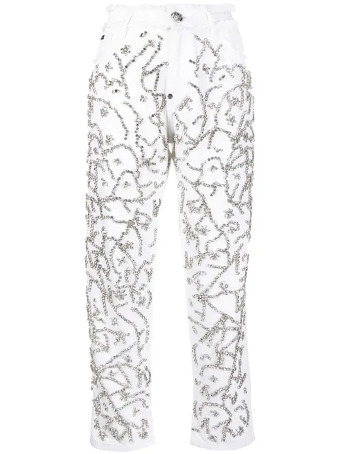 crystal-embellished mom-cut leg jeans