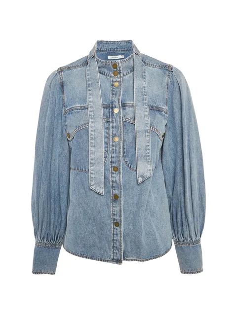 neck tie-up denim blouse