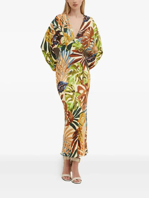leaf-print V-neck dress