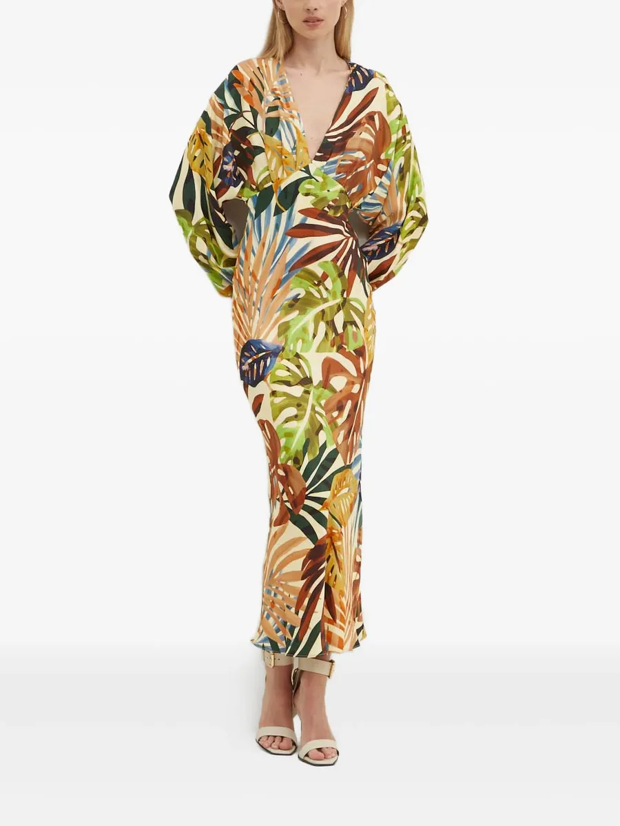 leaf-print V-neck dress 2