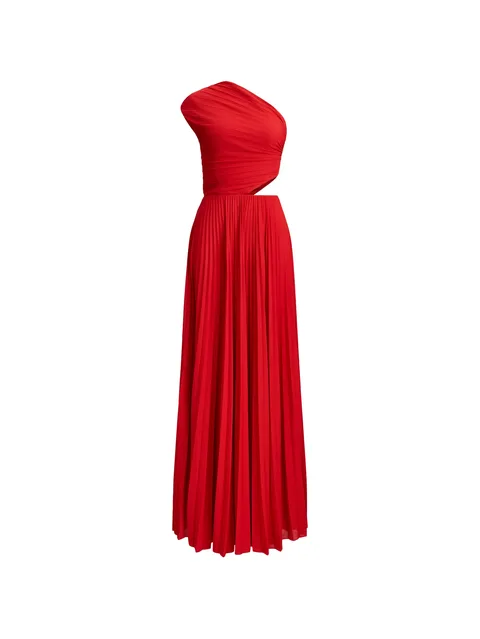 one-shoulder pleated maxi dress